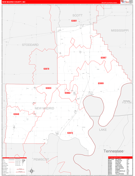 New Madrid County Wall Map Red Line Style